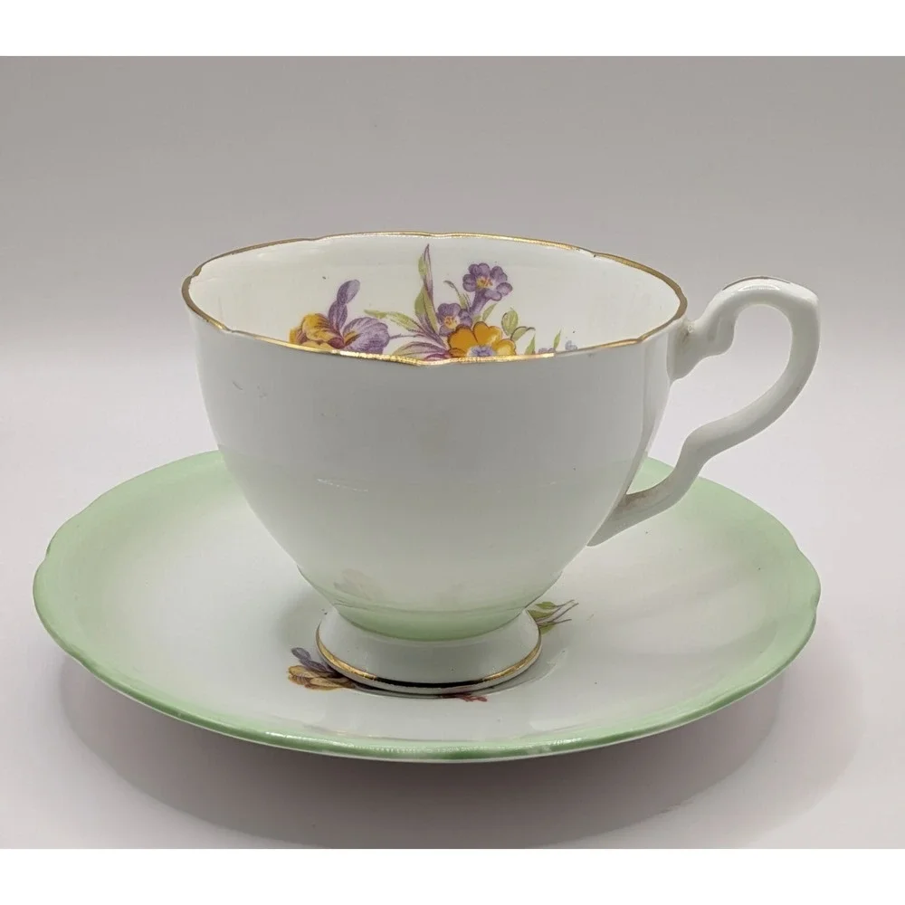 Royal Stafford England Tea Cup And Saucer Mint Green White Floral Design
